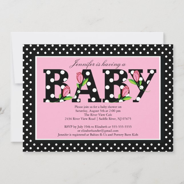 Black Pink Polka Dot Baby Baby Dusche Einladung (Vorderseite)