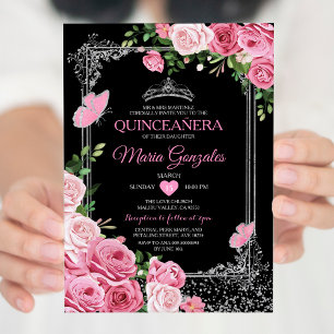 Black Pink Quinceañera Crown Butterfly 15 Anos Einladung