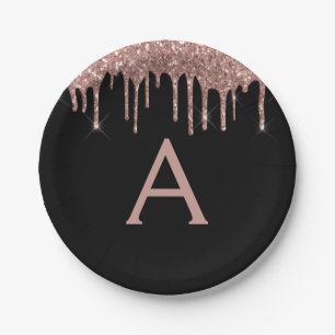 Black Pink Rose Gold Glitzer Monogram Birthday Pappteller