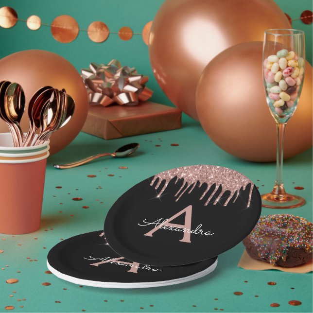 Black Pink Rose Gold Glitzer Monogram Birthday Pappteller (Multi)