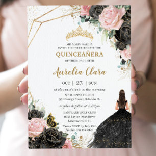 Black Pink Roses Floral Quinceñera 16 . Geburtstag Einladung