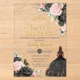 Black Pink Roses Floral Tan Princess 16 . Geburtst Acryleinladungen