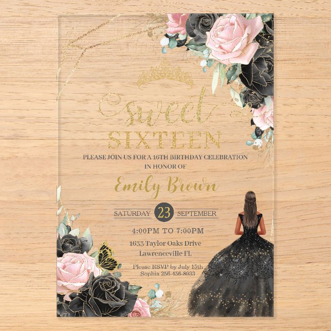 Black Pink Roses Floral Tan Princess 16 . Geburtst Acryleinladungen (Vorderseite)