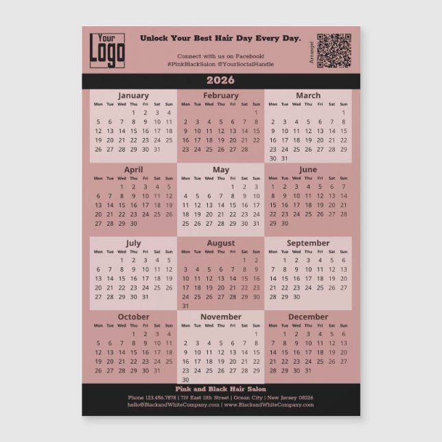 Black Pink Salon Logo QR-code 2026 Calendar Magnet (Vorderseite)