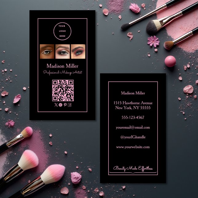 Black Pink Script Logo QR Code Photo Makeup Visitenkarte (Von Creator hochgeladen)