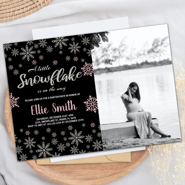 Black Pink Silver Winter Baby Dusche Foto Einladung (Black Pink Silver Winter Baby Shower Photo Invitation)