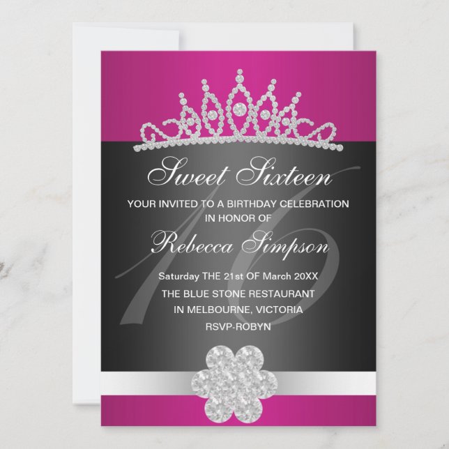 Black & Pink Sparkle Tiara Einladung zum Geburtsta (Vorderseite)