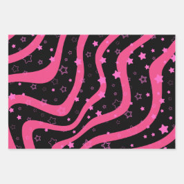 Black &Pink Stars On Lines Elegant Feminine Design Geschenkpapier Set