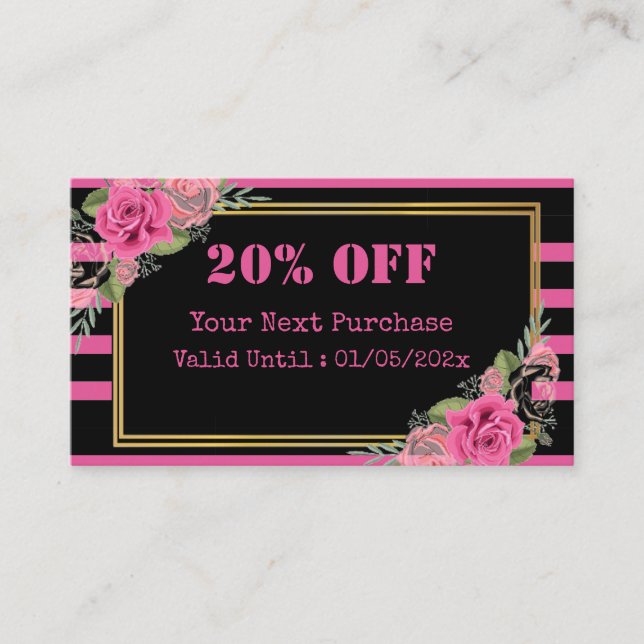 Black Pink Stripes Floral QR Code Discount Card Rabattkarte (Vorderseite)