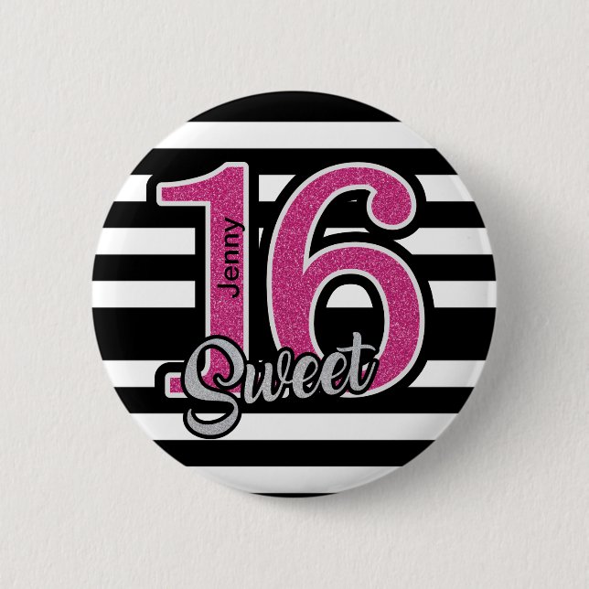 Black Pink Sweet 16 Personalisiert Button (Vorderseite)