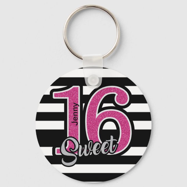 Black Pink Sweet 16 Personalisiert Schlüsselanhänger (Vorderseite)