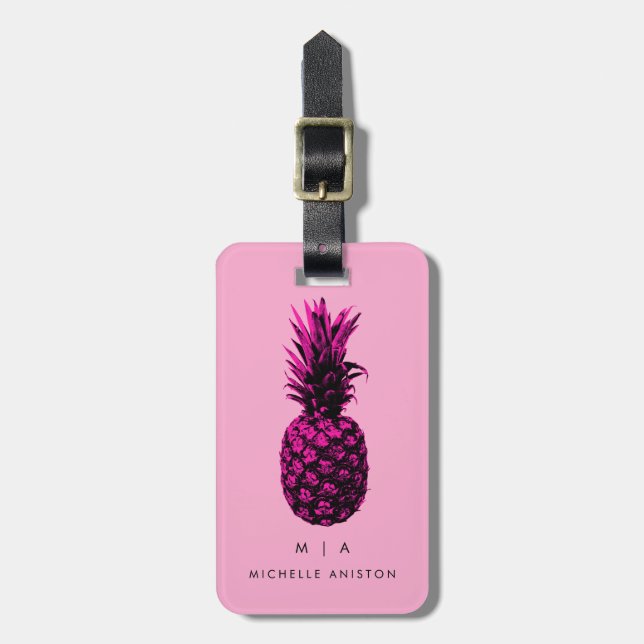 Black Pink Trendy Ananas | Monogramm Custom Gepäckanhänger (Vorderseite vertikal)