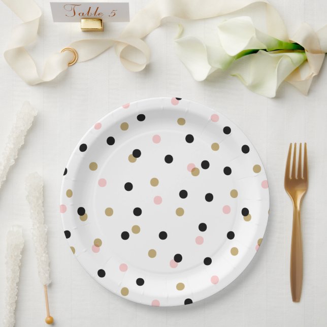 Black Pink und Gold Confetti Punkte Pappteller (Hochzeit)