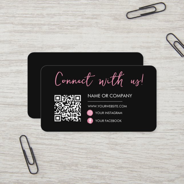 Black Pink Verbinden Sie mit uns Social Media QR C Visitenkarte (Vorderseite/Rückseite Beispiel)