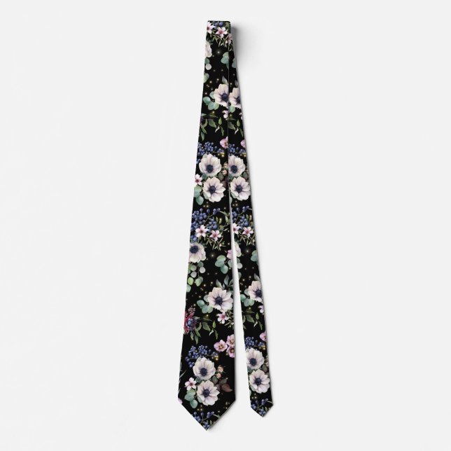 Black Pink White Green Moody Floral Neck Tie Krawatte (Vorderseite)