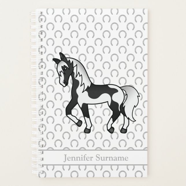 Black Pinto Cartoon Trotting Horting & Custom Text Planer (Vorderseite)
