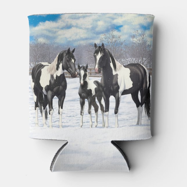 Black Pinto Quarter Pferde Paint Pferde im Schnee Dosenkühler (Vorderseite)