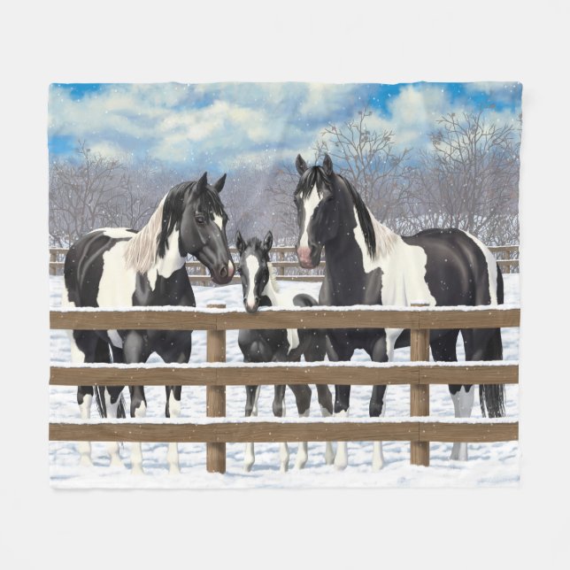 Black Pinto Quarter Pferde Paint Pferde im Schnee Fleecedecke (Vorderseite (Horizontal))