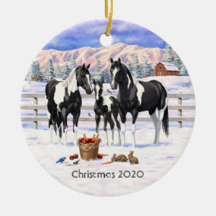 Black Pinto Quarter Pferde Paint Pferde im Schnee Keramik Ornament