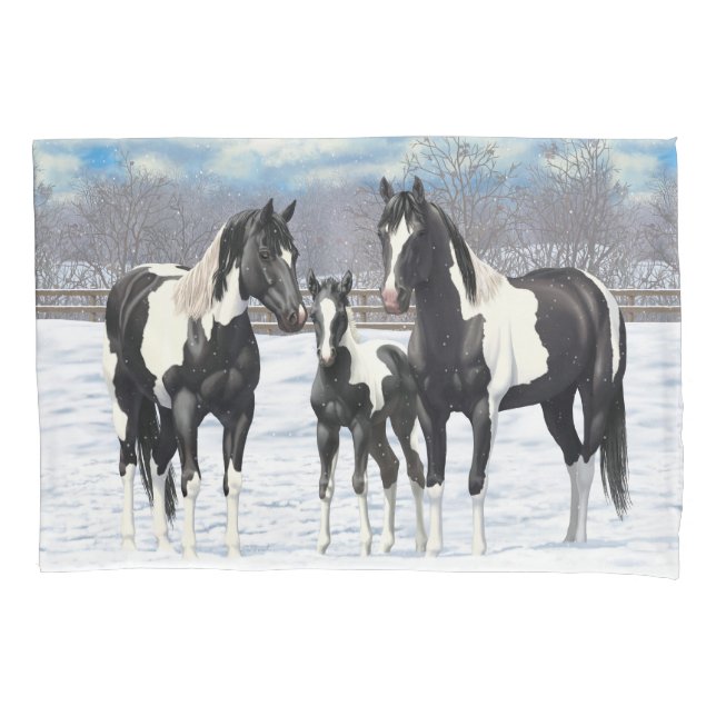 Black Pinto Quarter Pferde Paint Pferde im Schnee Kissenbezug (Vorderseite-Links)