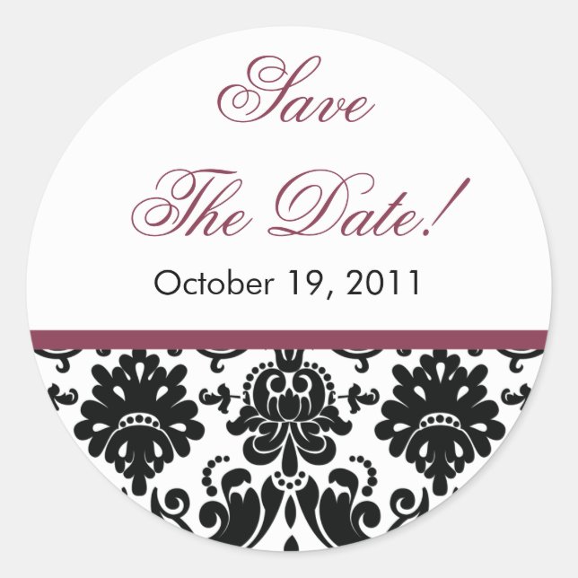 Black & Plum Damask Save the Date Hochzeitsticker Runder Aufkleber (Vorderseite)