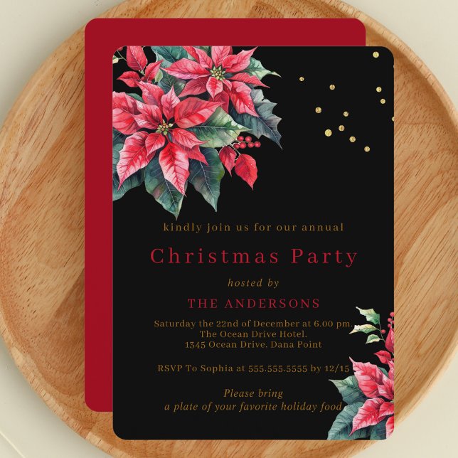 Black Poinsettia flower Christmas party Einladung (Von Creator hochgeladen)