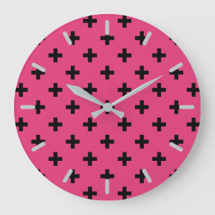 Black polka crosses on fuchsia große wanduhr