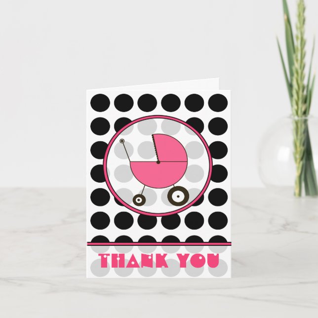 Black Polka Dot / Pink Baby Carriage Vielen Dank Dankeskarte (Vorderseite)