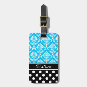 Black Polka Dots Blue Damask mit Namen Gepäckanhänger