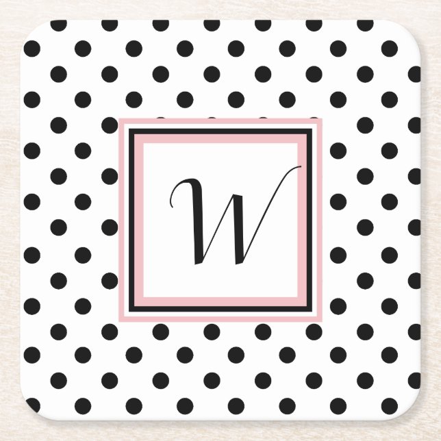 Black Polka Dots Mit Monogramm Paper Untersetzer (Vorderseite)