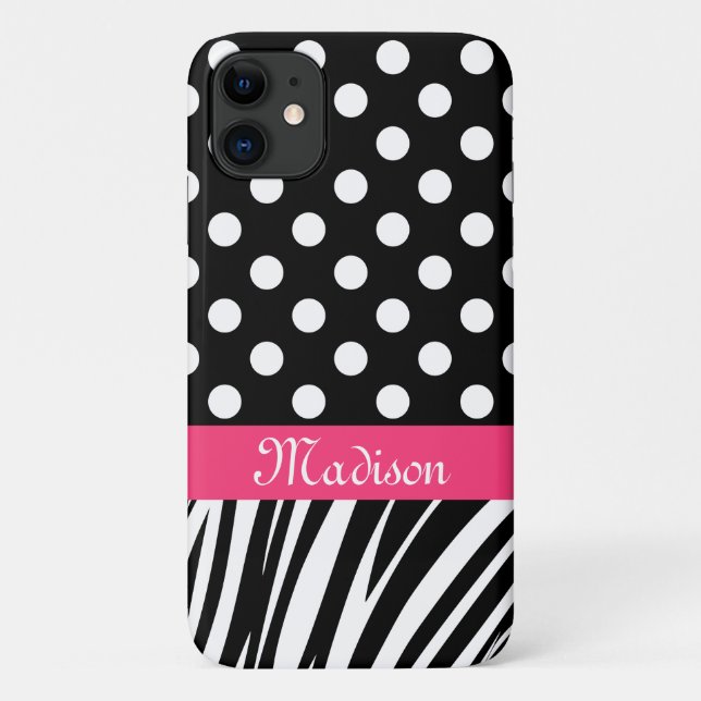 Black Polka Dots Zebra Streifen Rosa Name Case-Mate iPhone Hülle (Rückseite)