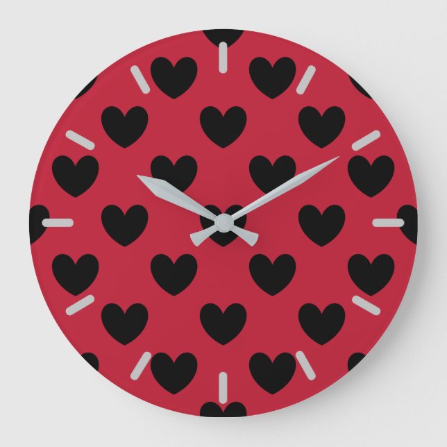 Black polka hearts on red große wanduhr (Vorderseite)