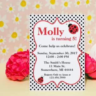 Black Polkadot Ladybug Invitation de fête d'annive
