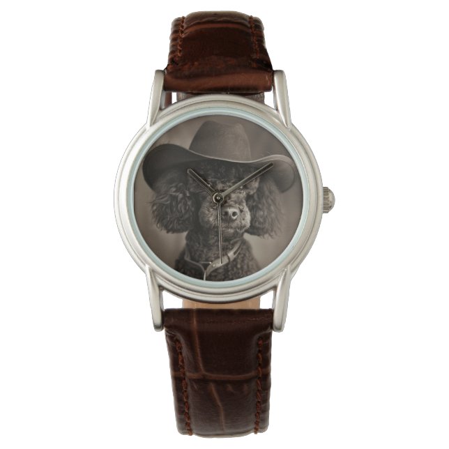 Black Poodle als Cowboy Halloween-Kostüm verkleide Armbanduhr (Vorderseite)