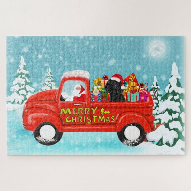 Black Poodle Hund Weihnachts Weihnachtsmann LKW (Horizontal)
