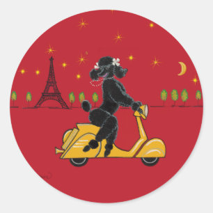 Black Poodle in Paris auf Scooter Runder Aufkleber