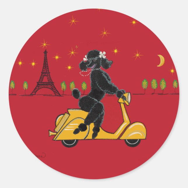 Black Poodle in Paris auf Scooter Runder Aufkleber (Vorderseite)