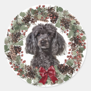 Black Poodle Red Bow Pinecone Kronplatz Weihnachte Runder Aufkleber