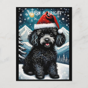Black Poodle Snowy Mountain Santa Puppy Urlaub Postkarte