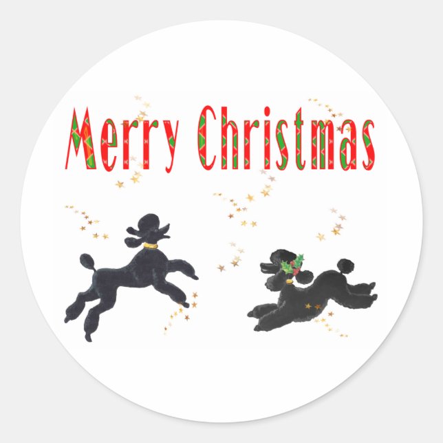 Black Poodles Playing fröhliche Weihnachts Art Sti Runder Aufkleber (Vorderseite)