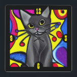 Black Pop Art Cat Quadratische Wanduhr<br><div class="desc">Spaß und bunte Wanduhr, mit Cartoon wie Grafik eines Pop Art Black Cat. Eine tolle Geschenkidee für jeden Katzenliebhaber.</div>