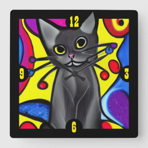 Black Pop Art Cat Quadratische Wanduhr