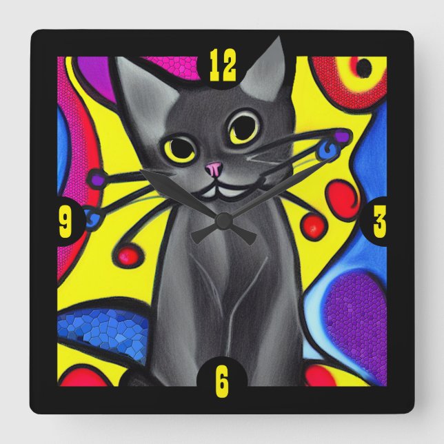 Black Pop Art Cat Quadratische Wanduhr (Vorderseite)