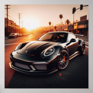Black Porsche Sunset Poster