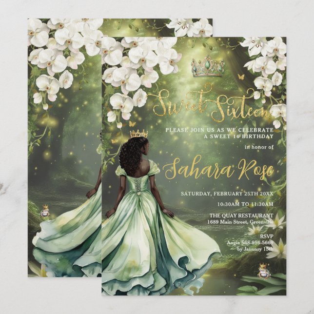 Black Princess and Frog Sage Green Dress Sweet 16 Einladung (Vorne/Hinten)