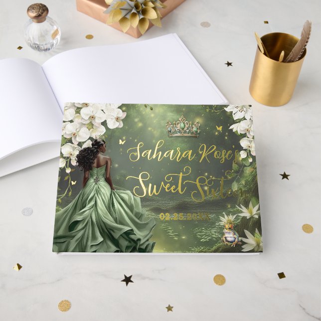 Black Princess and Frog Sage Green Dress Sweet 16  Gästebuch (Vorderseite offen)