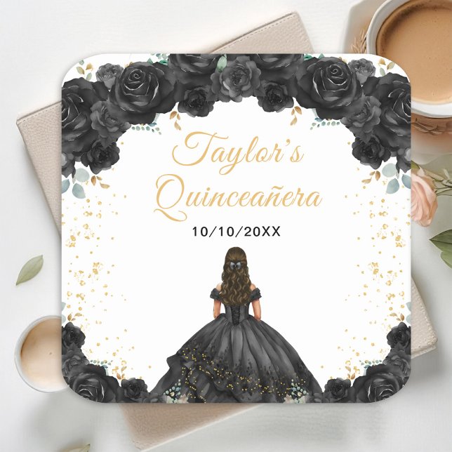 Black Princess Floral Quinceañera Rechteckiger Pappuntersetzer (Von Creator hochgeladen)