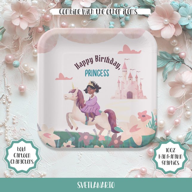 Black Princess Riding Unicorn Square Papierplatte Pappteller (Von Creator hochgeladen)