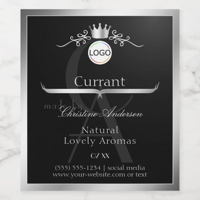 Black Product Label Silver Frame Logo and Monogram Weinetikett (Einzelnes Label)