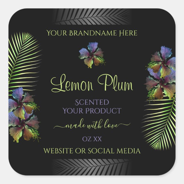 Black Product Labels Yellow Lila Hawaii Blume Quadratischer Aufkleber (Vorderseite)